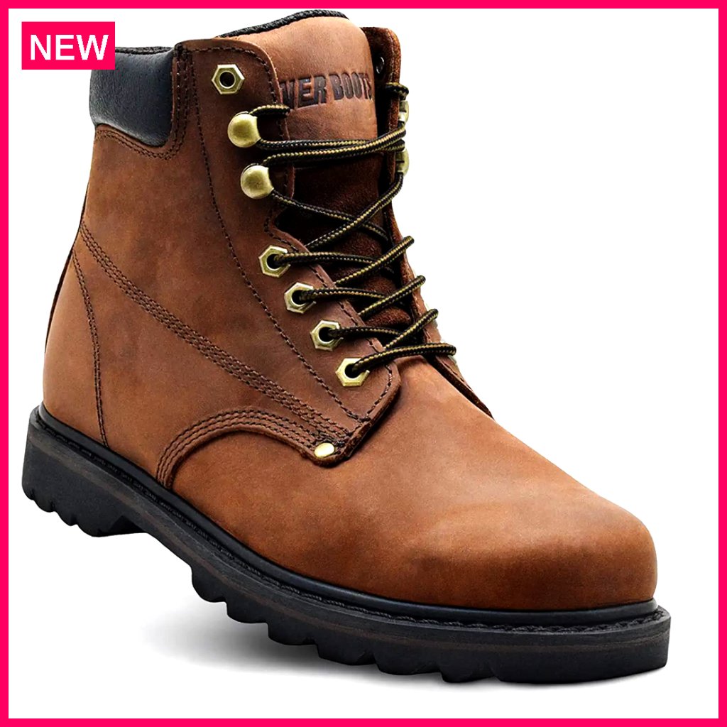 Men's Leather Work Boots Soft Toe Rubber Sole Construction